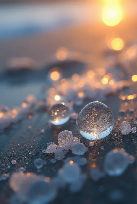 "A close-up of water droplets frozen in motion, illuminated by soft morning light, with a blurred sandy beach as the backdrop."

