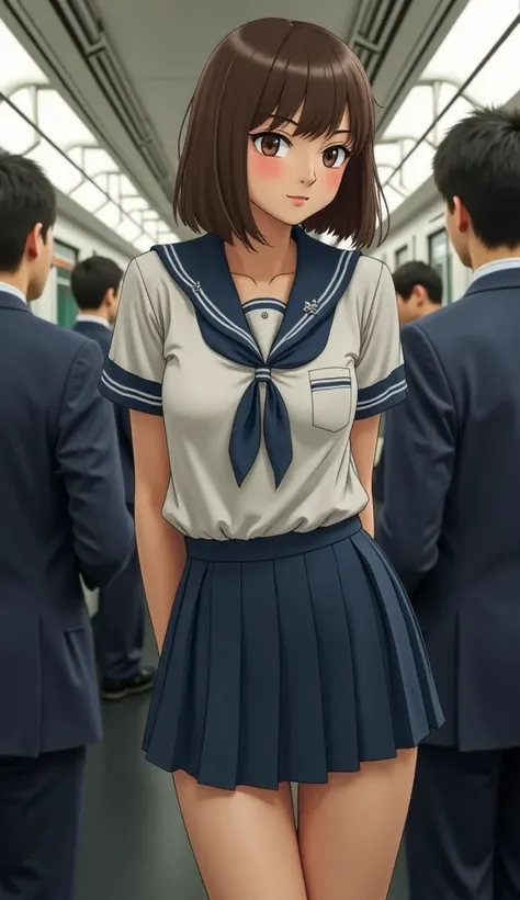 ( Japanese Gal ),(The plain face of Japan ),(Curvy Body),(High school uniform、Wearing school uniform)   In a crowded trainお尻をつかむ、Brown Hair、 short bob hair、 pleated skirt  、a beauty girl１people々、(( Man Grabs High School Girls Butt))、In a crowded train 、(((...