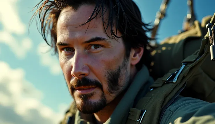 Cinematic and realistic shot of face of determined face of Keenau Reeves, in white shirt descends from the sky in his parachute billowing against the wind. 