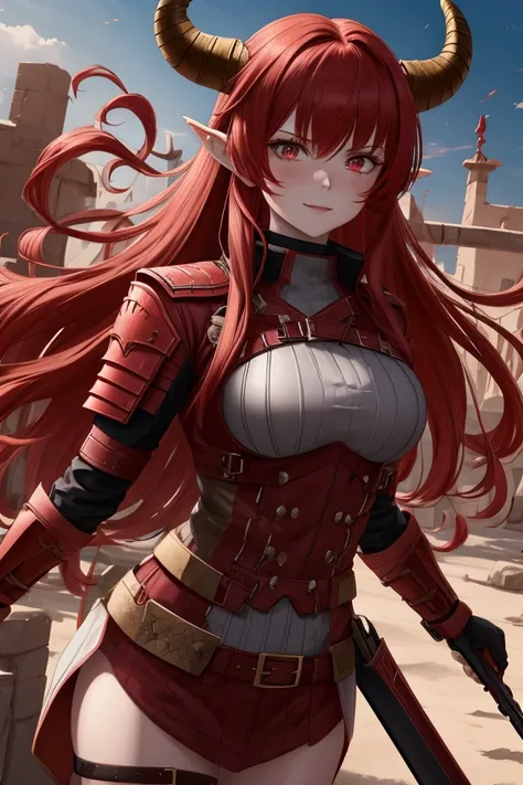 Red-haired girl with horns wearing a combat outfit