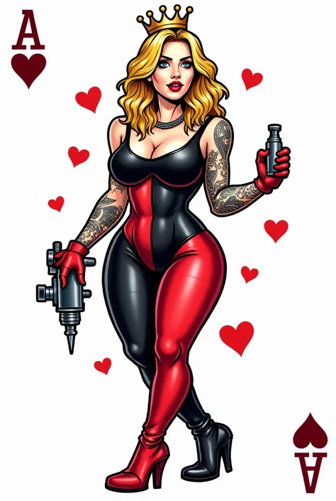 drawing, Game card ,  whole playing card ,  lady of heart in the middle in Harlequin style , with crown, Blonde woman,  medium length hair ,  tattoos on the arms and legs , She is very slightly chubby , curvaceous,  in her right hand she holds a tattoo mac...