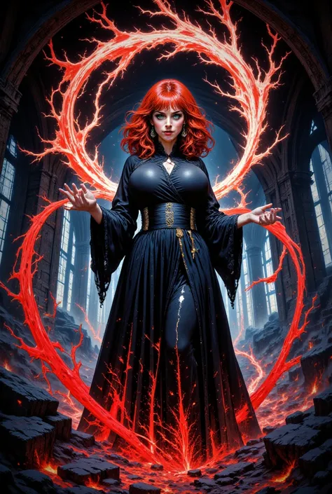 (severus snapes daughter:(()))  green eyes  ,  dark red hair ,  Art Nouveau watercolor image of a slender wizard.  Dark Skin  . White glowing eyes .  torn clothes .  casting crimson lightning magic with her hands .  looking directly at the viewer .  Moebiu...