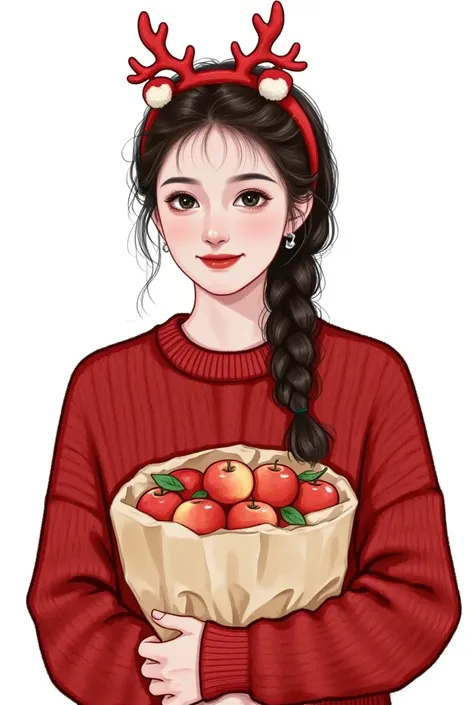 A woman in a red sweater holds a bouquet of apples,  animated painting inspired by Ma Yuanyu, tumblr, Serial Art, 🍁  cute,  cute art style,  Young Woman with Antlers , Draw with Apple ,   High Quality Fanwork  , realistic  cute girl painting,  high quality...