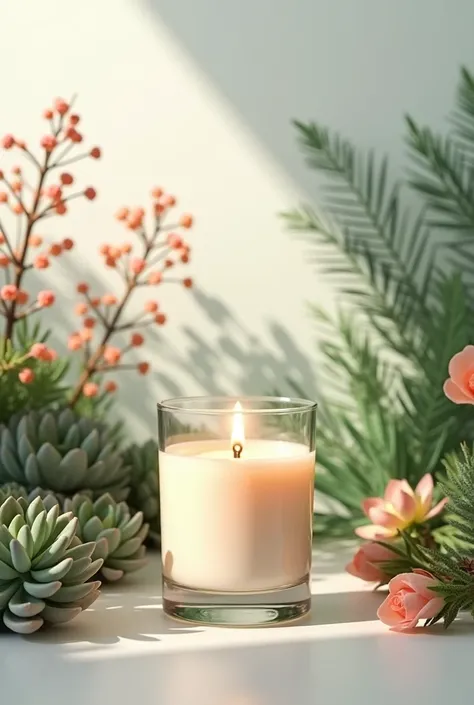 a glass jar candle with elegant plants in the background, minimalist scenery, realistic, photorealistic, glass, wax, flame, leaves, flowers, greenery, natural lighting, clean, simple, calming, serene, elegant, soft colors, pastel tones, (best quality,4k,8k...