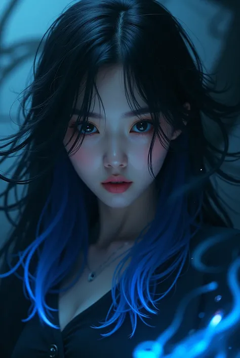 Asian girl with blue highlights on the tips with the power of darkness and black shadows around her. 