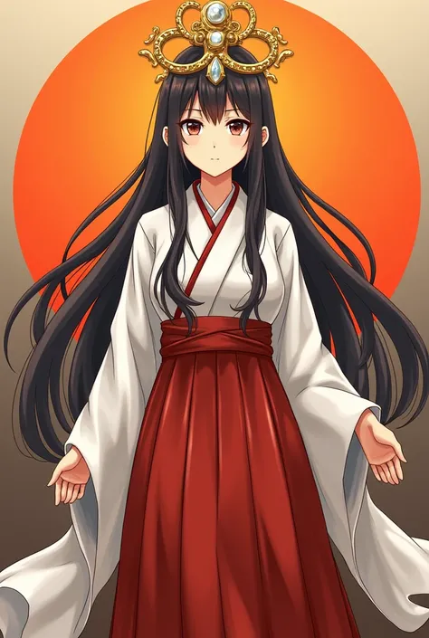  Head Jewelry,Women,Sun Goddess , Mirror Reflected at Jewelry, black long hair,Japanese set ,ancient, white shirt ,Red Long Skirt ,Miko,Age17,Orange Sun ,Shrine Background,Full body,Amateratsu,ยืนFull body