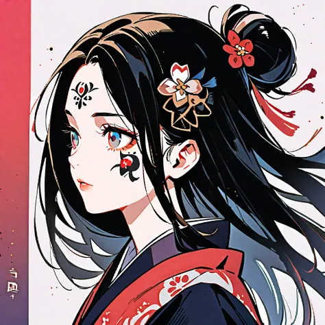 Ink Painting, ((( 1 girl))), ((( face tattoo))), ((( Gorgeous Hair Accessory ))),  Japanese Style Headphones,  face close-up , Beautiful Japanese girl,  black hair, Delicate and precise,  modern ukiyo-e style