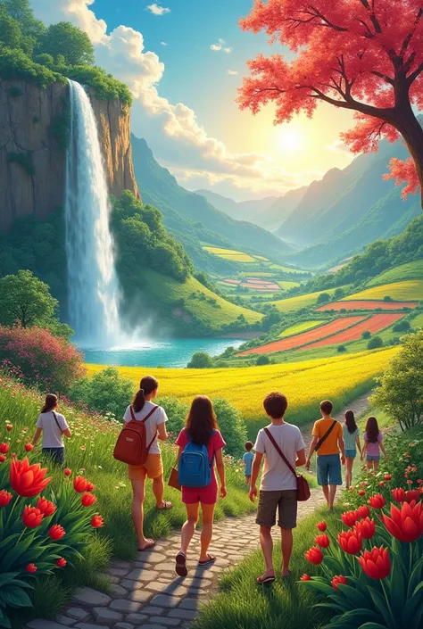 A flag with dazzling colors , Waterfall on the left variety of flowers agricultural field and diamonds with happy and hopeful people all drawn on the flag