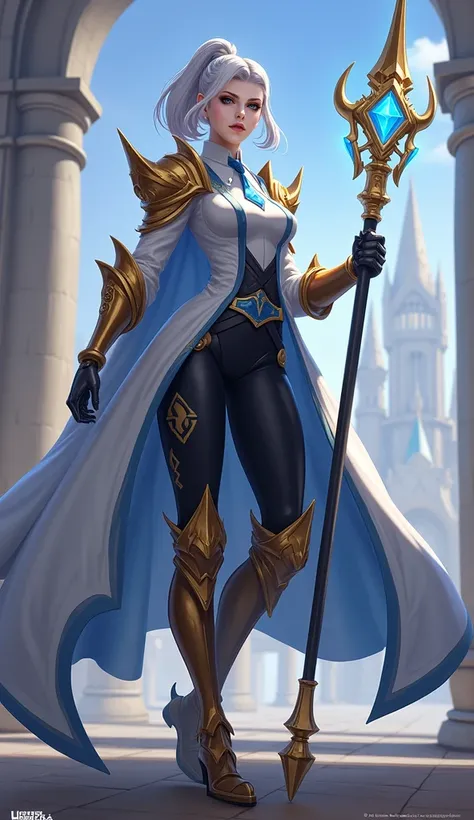 A full body view of Imperial Knightess Silvanna from Mobile Legends with sleek, platinum or silver hair tied back into a polished low ponytail, combining elegance and practicality. The hairstyle features soft, swept-back bangs that gently frame the face, a...