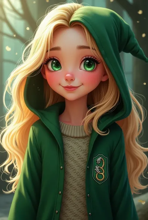  Create an image of an  girl with blond hair in a hoodie, with green eyes, smiley look ,Wear the Hogwarts Slytherin robe with its representative snake brooch