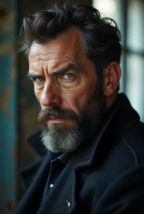  He was a big man with an aristocratic nose  , high cheekbones,  intense blue eyes , and a harsh expression .  Hes long been accustomed to suffering and melancholy From the novel Bastard from Istanbul 