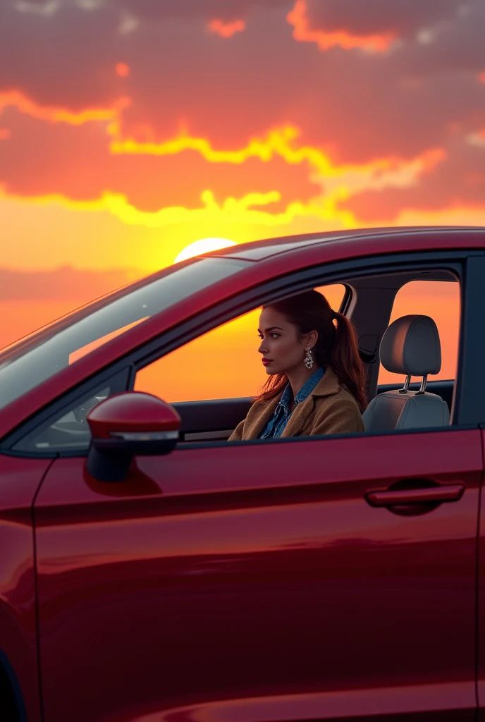 a posh girl with a jean and a coat sitting of civic car,only her side view,with an amazing sunrising background,the car should be red