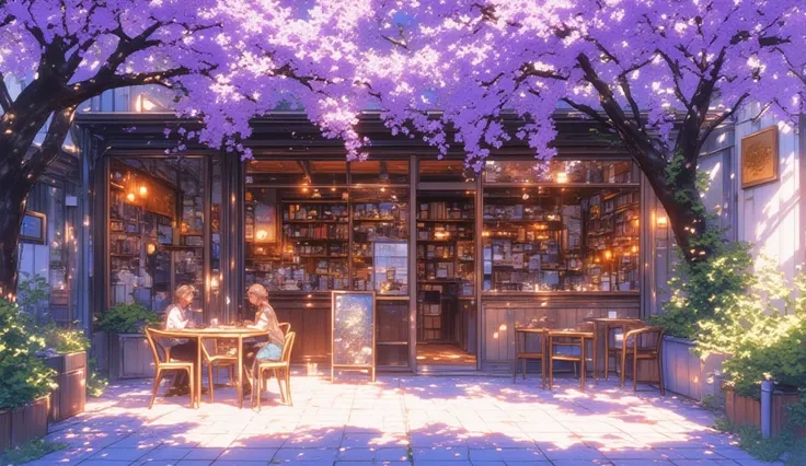 ((Highest quality)),(Ultra-high resolution),(Very detailed),(Detailed Description),((The best CG)),(masterpiece),Ultra-precise art,A charming café in a peaceful urban setting, surrounded by blooming jacaranda trees with delicate purple blossoms. The café h...