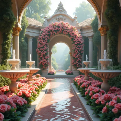  a painting of a garden landscape,Among them are fountains and flowers ,  royal garden background , Beautiful fairy tale rendering ,  A portal made of roses , unreal engine ;  Romantic Theme , Ross Chen. scenic backgrounds, Flower environment, Palace Backg...