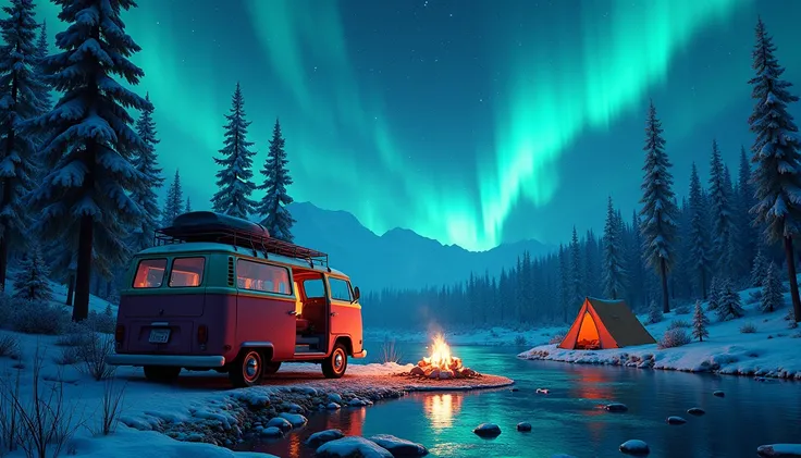  Araped Van Parked by a River with a Tent and Fire, 🌲🌌, Max Liv, 북극 Aurora, infused with Aurora, with Aurora in the sky, Psychedelic Ski Resort, 8k)), Aurora,  Magical Color and Atmosphere ,  magical colors and atmosphere ,  Beeple Masterpiece , Magical En...