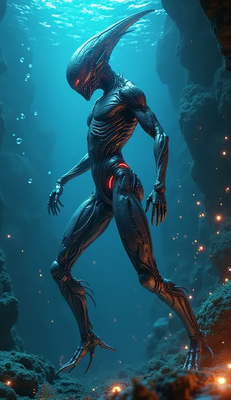 An ultra-realistic underwater unidentified organism resembling a humanoid body without a face. The creature has a human-like torso and limbs, covered with intricate biomechanical and organic details that glow softly with neon accents. The structure blends ...