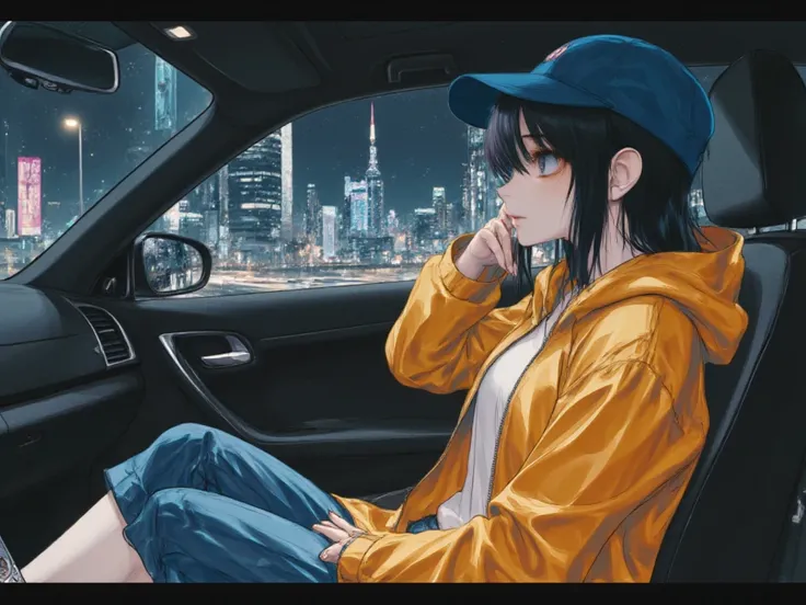 An anime-style illustration of a young woman sitting inside a car with a modern and urban nighttime cityscape in the background. The girl is wearing a casual yellow jacket and a blue cap, looking relaxed as she gazes at the quiet city lights, enjoying chil...