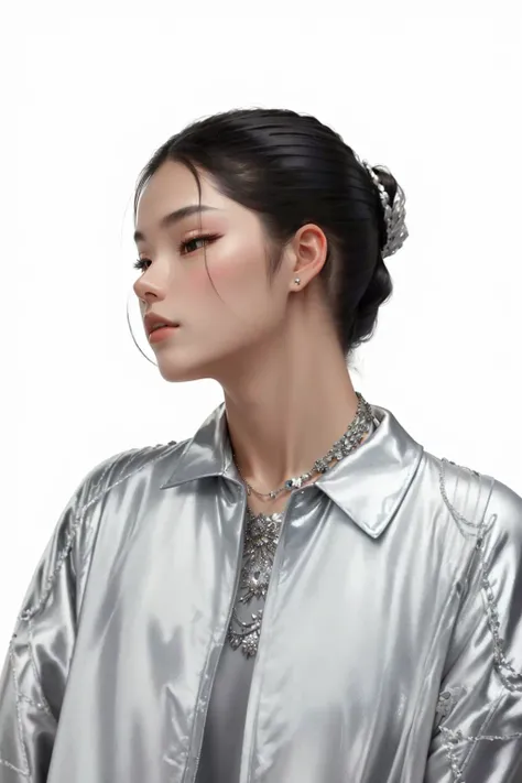  a silver jacket，Alafide woman wearing a silver necklace and silver necklace , Girls silver ponytail, xision wu, Inspired by Tang Yifen , inspired by Xia Chang, Inspired by Zhang Yan ,  Inspired by Wen Gia , A young Asian woman, gongbi,  gorgeous Chinese m...