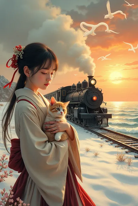 s greatest masterpiece、Japan&#39;s Seas、Lovely girl holding a cute kitten、Steam locomotive、Winter Scenery、 sunrise、Meiji period、retro、cute white snake 、Locomotive on the seashore、White snakes fly、