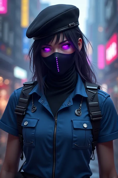 A Garena Free Fire character with a black beret, blue zipper blouse, black face mask with purple light on the eyes. 