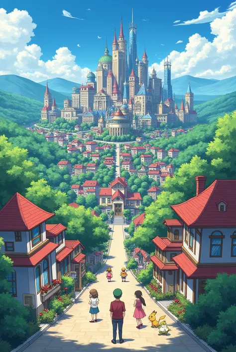 Create an image of fanmade city in Pokemon anime style