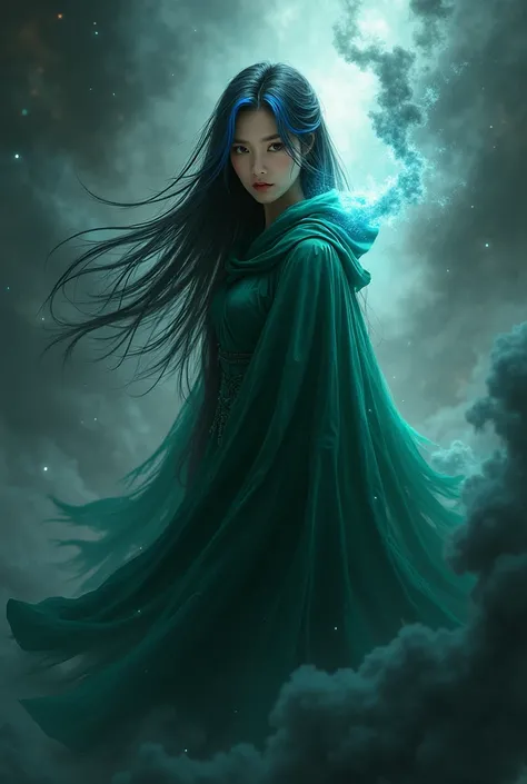 Asian girl with blue highlights on the tips with the power of darkness with a green cape her power of black shadows around her