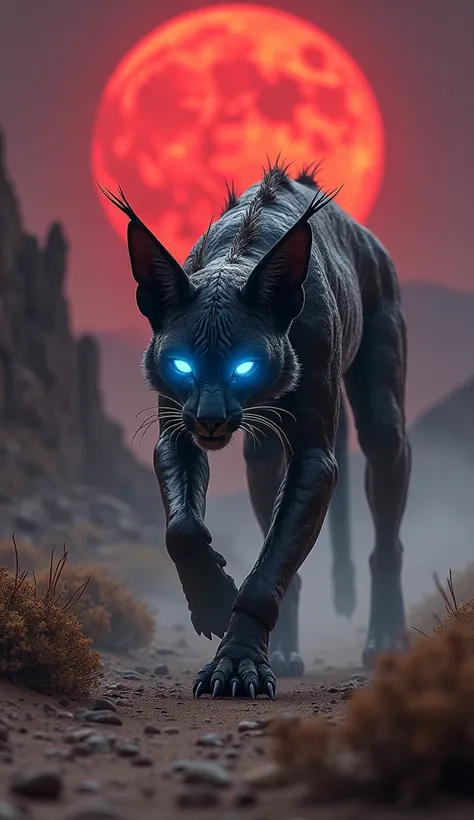 "Imagine a deadly hybrid creature with the sleek body of a lynx, sharp retractable claws, and the venomous tail of a scorpion. Its glowing blue eyes pierce through the darkness as it prowls through a desolate desert filled with jagged rocks, venomous plant...