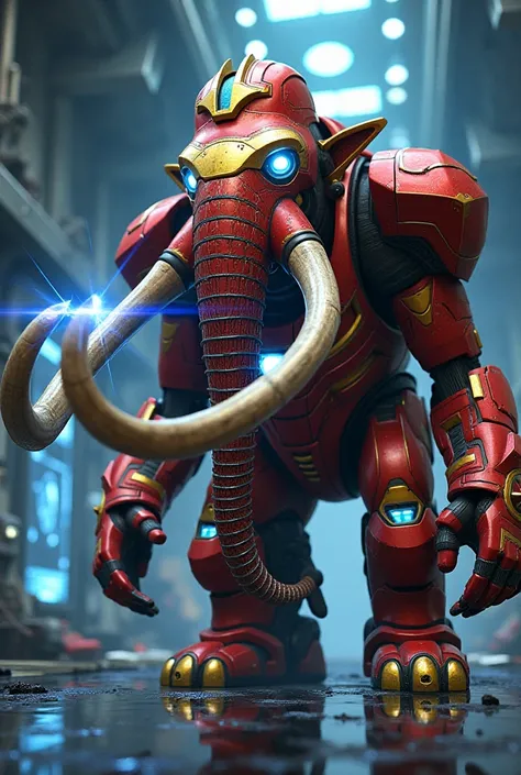 A mighty mammoth inspired by Iron Mans design. The mammoth has a metallic red-and-gold armor, glowing blue eyes, and a core reactor on its chest. Its tusks are covered in futuristic plating with energy beams radiating from them. The background depicts a hi...