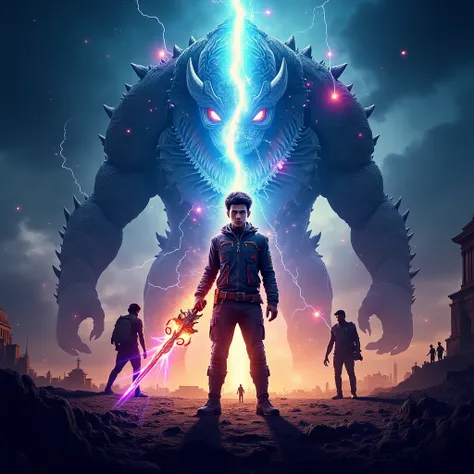 design A dynamic and visually captivating Bollywood movie poster featuring a powerful blend of the real and virtual worlds. The focus is on Rudra, a fearless young warrior, depicted as a hero caught between two realms: reality and the gaming universe of "A...