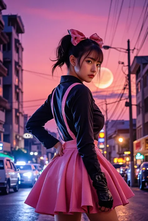 Masterpiece,1Girl, Standing, cowboy shots, elbow glove, Pink skirt, Meimi Haneoka(Saint Tail), light grin smile, Open mouth, black_shirt, exteriors, Cityscape, natta, the moon, hands on ass,