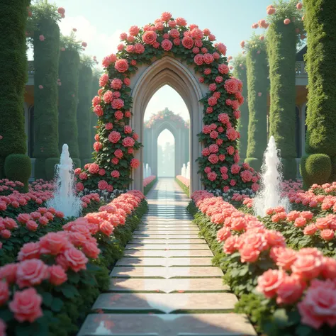  a painting of a garden landscape,Among them are fountains and flowers ,  royal garden background , Beautiful fairy tale rendering ,  A portal made of roses , unreal engine ;  Romantic Theme , Ross Chen. scenic backgrounds, Flower environment, Palace Backg...