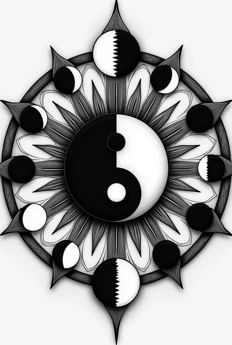 A black and white sun ,  with the ying yang symbol in the middle, And the stages of the Moon circling the Sun outside