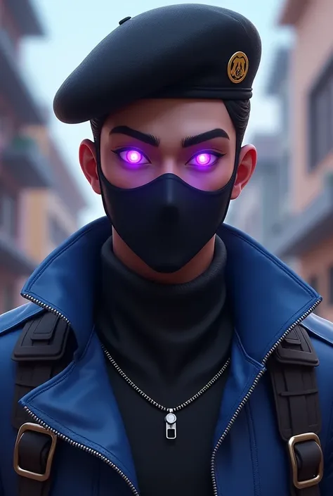 A male character from Garena Free Fire with a black beret, blue zipper blouse, black face mask with purple light on the eyes. 