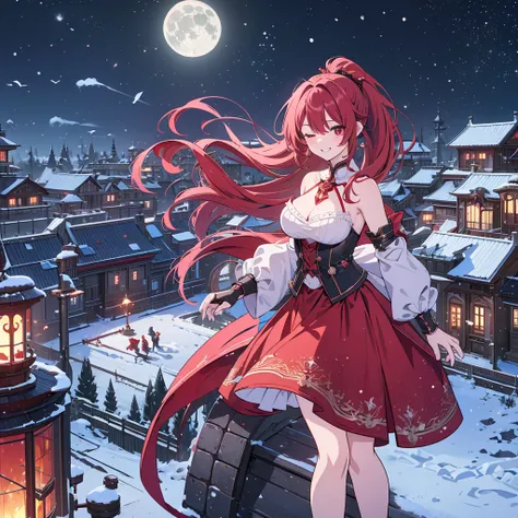 ultra detailed, extremely detailed CG, ２D anime,  anime style , from side, one eye closed, {{{Red long hair}}},  Best Quality , Two arms, Nozoru Regime ,  masterpieces at the front door of the house, cleavage, long bangs, Beautiful sides ,  Perfect Human M...