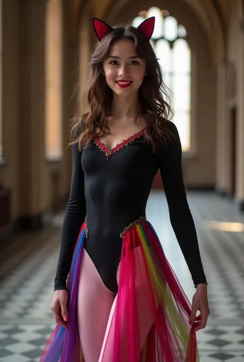 Background: The cathedral near the alter full view. Full body action ballet pose: Young Romanian fit althletic vampire, with shoulder length wavy brown hair with dark crimson highlights, crimson matte red full lips in a fierce but beautiful smile, add glow...