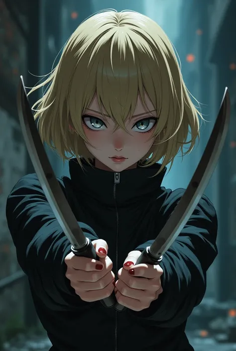  anime girl Jujutsu Kaisen style with chin-length dark blonde hair, gray eyes and two knives in hands  