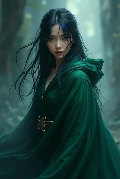 Asian girl with blue highlights on the tips with the power of darkness with a green cape her power of black shadows around her