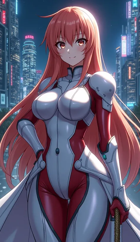 Asuna Yuuki in her usual white and red combat dress, with big bust, caderas anchas, with his sword, with a futuristic city in the background ,  at night, version anime