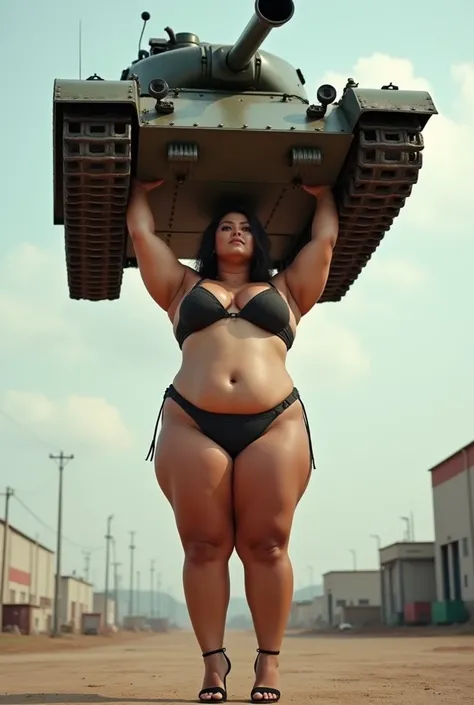  Super Realistic Photo : Make a sexy girl tall, Very fat ,  huge breasts  , big asses,  long legs , high heels in bikinis ,  by lifting a huge tank above her head