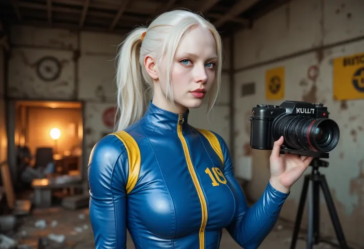 ((Albino skin)), platinum blonde longe ponytail hair, white skin, pale skin girl, 18 years old, blue eyes, looking at camera, prominent voluptuos body, curvy muscular, , wearing jumpsuit refuge 33 from fallout,, body, revealing outfit, oppai, angelawhite, ...