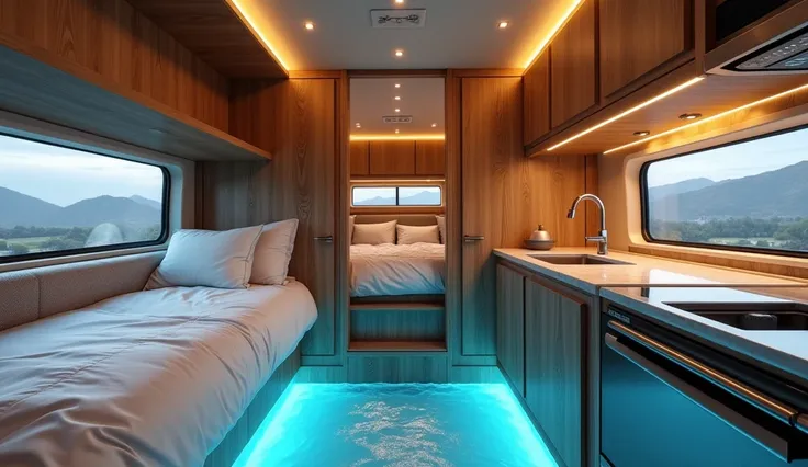 A luxury motorhome interior featuring a modern, cozy bedroom with a compact queen-sized bed, soft linens, and overhead storage. The kitchen area includes sleek stainless steel appliances, a marble-effect countertop, and efficient cabinetry. The back cabin ...