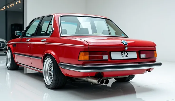 The back right side view of painted with galemy diamond full red 1980 BMW E12 M53i in large shape sedan in large size with (BMW) its large detailed grille in white colour with angular simple design captured from back right side view with modified sleek bac...