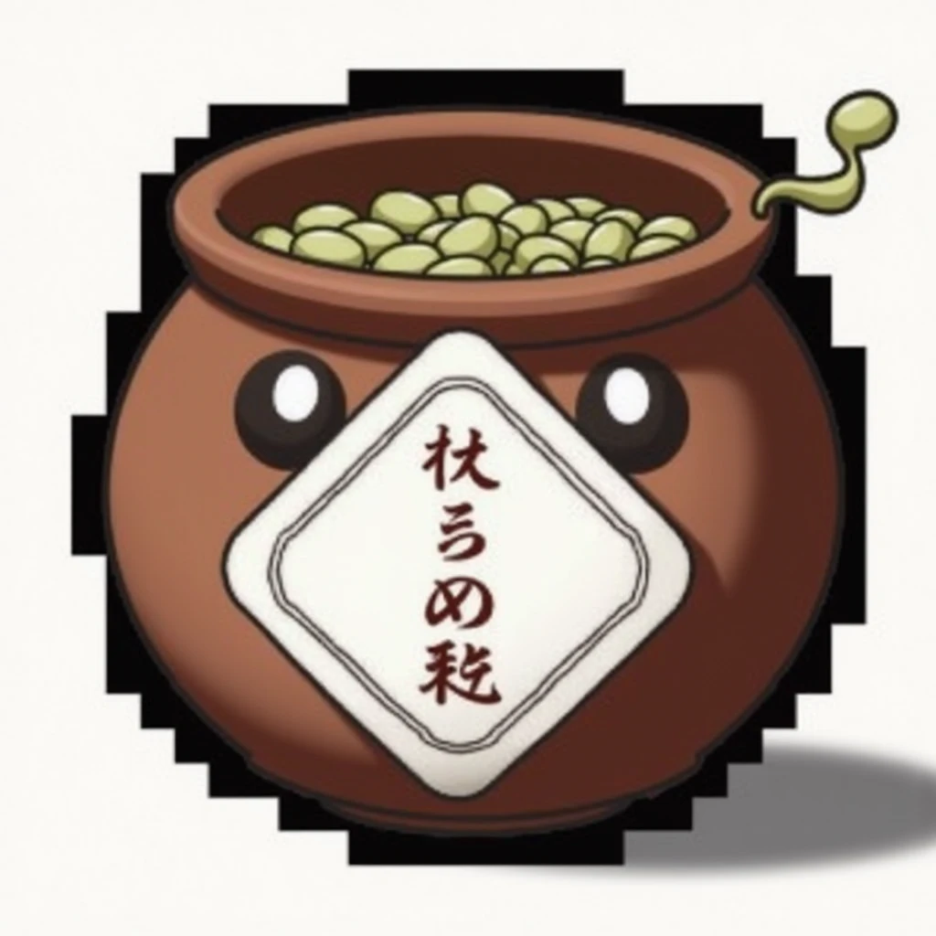 a brown pot with a sign and beans in it, Shogakukan, pot,  The tofu cartoon , Pale Moon, Inspired by《Xiuwen》,  Inspired by Gatoken Shunshi ,  reincarnated as a slime, Jade Eyes, Re:Zero (Jobless), potion, hakusensha