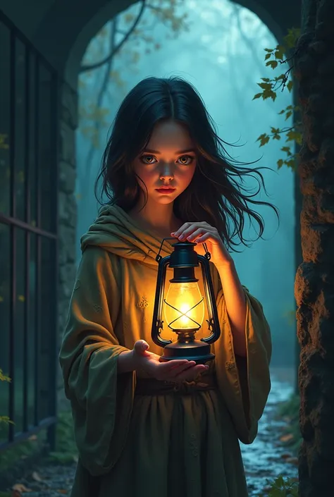 a young woman holding a flickering lantern stands at the gate, her face partially hidden by her flowing hair and tattered cloak.HD Cartoon  Picture Creat