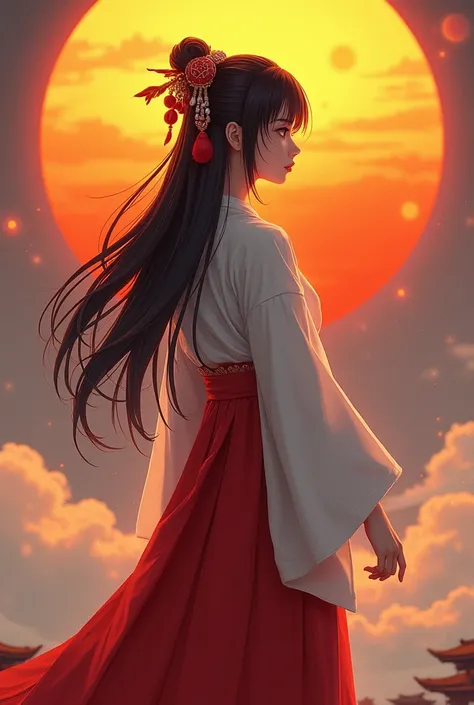  Head Jewelry,Women,Sun Goddess , black long hair,Japanese set ,ancient, white shirt ,Red Long Skirt ,Miko,Age17,Orange Sun ,Shrine Background,Amateratsu, full body ,realistically, facing straight.,Virtual reality