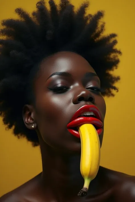 Black woman with exaggerated big lips sucking banana