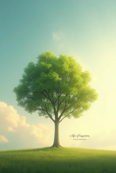 A tree under the sky with th messege of the sentence  life of happiness 