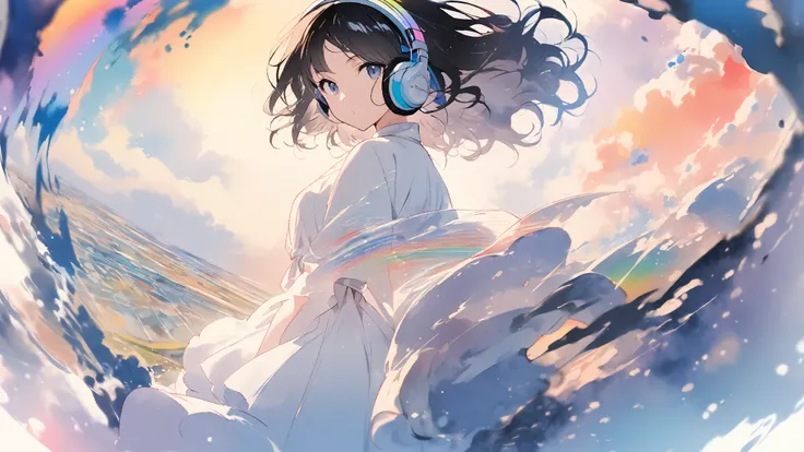  1 woman, black hair, wave to the sky,  urban and rainbow background 、listen to music、headphones（watercolor）（Blurred outline）（ bright colors）（ very delicate lines）（masterpiece）（ wonderful atmosphere ）（Very high quality ）（Three-dimensional painting ） Kawana...