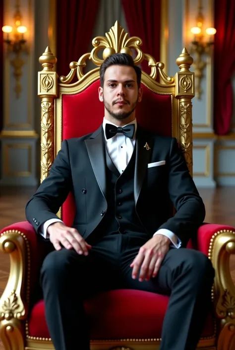 Cool 34 years old Men muscle body, wearing a silk black suit, sits on a Royal flamboyant golden throne in a french Palace ornated to a coronation.(((full body portrait))), (full body), (((wide angle))), realistic, hyper-detailed, 8k