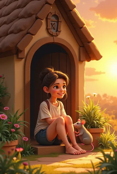 : The sunset scene of the village, Alya is smiling sitting on the doorstep of a small house, and she has a clever rat raffe. Both look friendly and cheerful